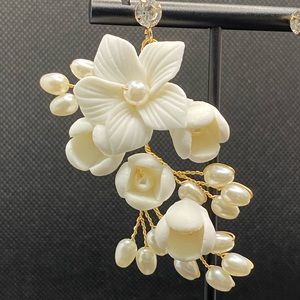 Freshwater Pearl and Ceramic Flower Chandelier Silver Earrings